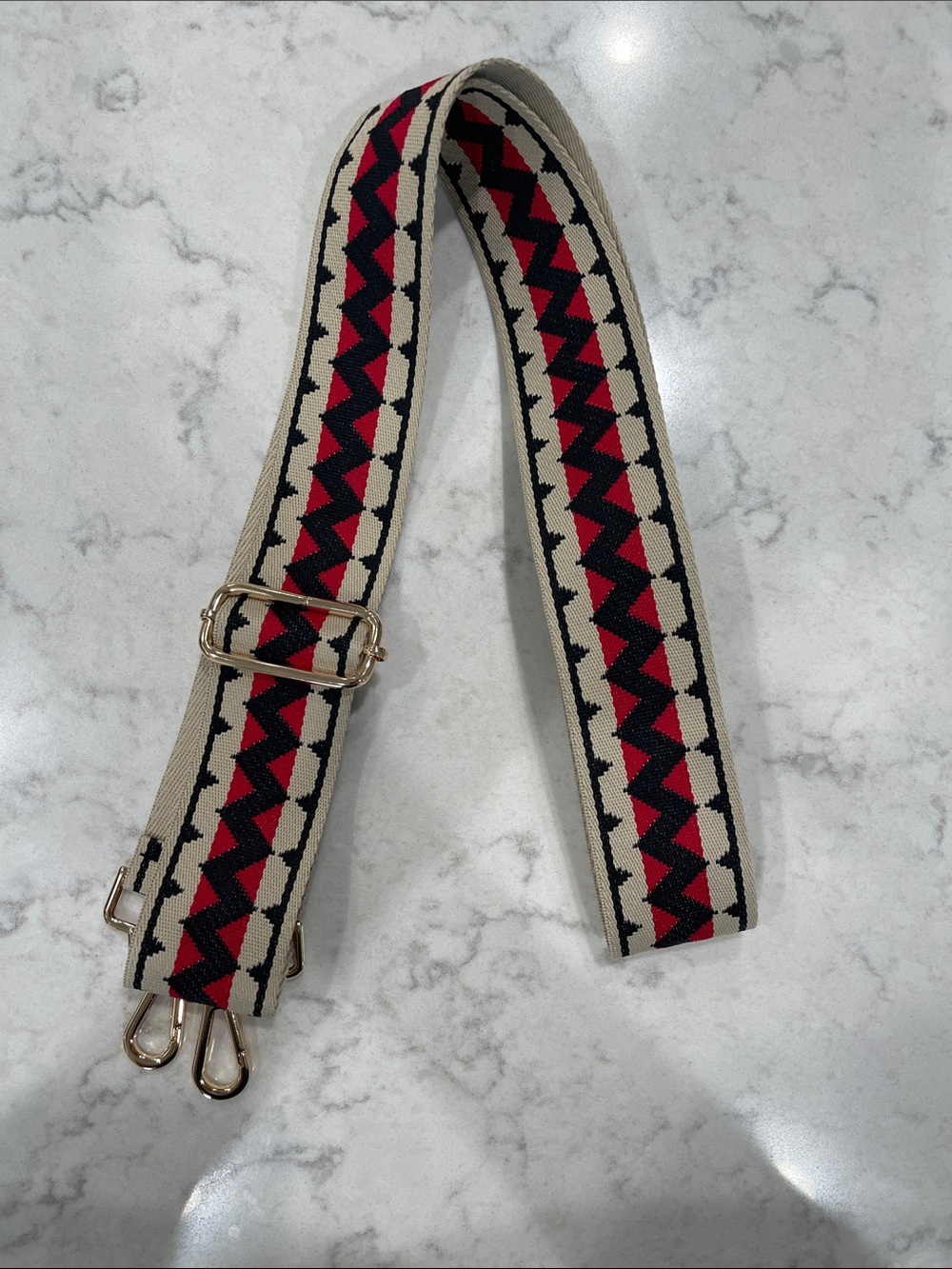 Adjustable Geometric Red, Black, and Cream Bag Strap